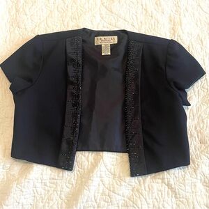 Vintage Formal Cropped Beaded Short Sleeve Navy Blue Jacket Petite Blazer Bolero